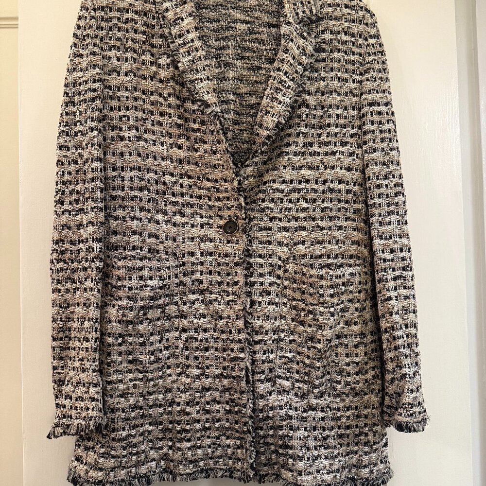 St. John Collection Tweed Knit Blazer – Black Cream Mix, Size 14